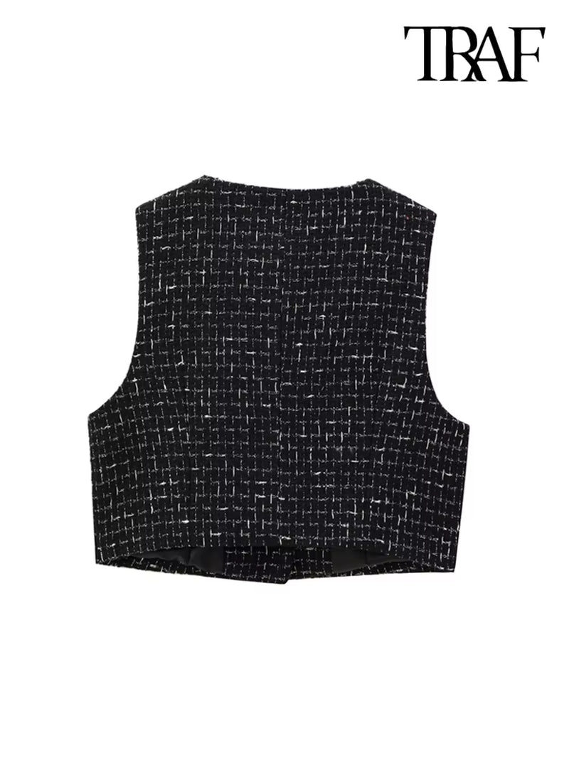 High Street Women Fashion with Gold Buttons Tweed Waistcoat and High Waist with Belt Shorts Skirts