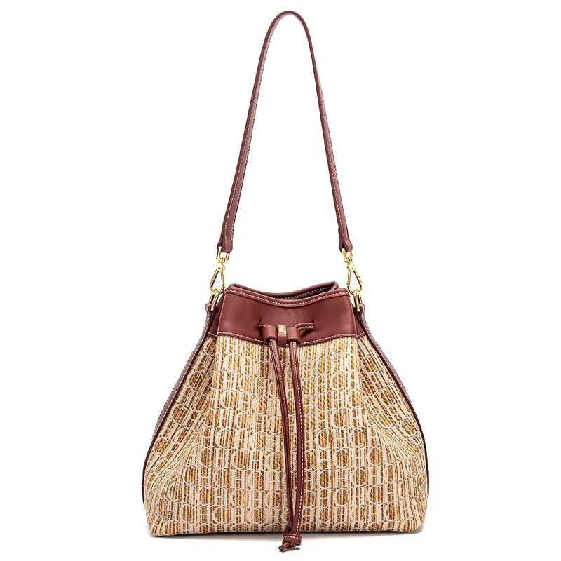 Fusion Versatile Drawstring Opening Design Bucket Bag Simple Retro Classic Style Women Bag