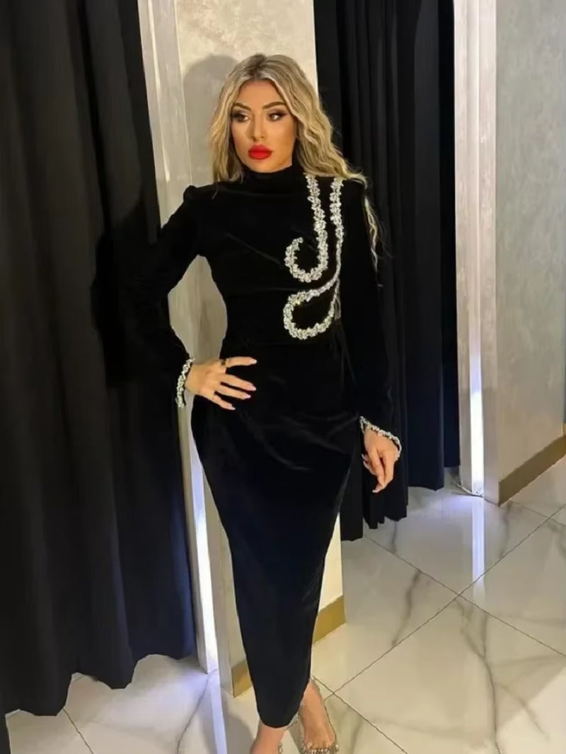New Arrival Black and Slim Beaded Long Sleeve Bandage Dress Long Dress Maxi Dresses for Women