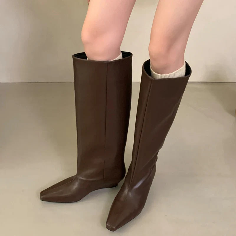 Autumn Winter Soft Leather Cosy Pointed Toe Knee-High Boots Woman Wedges Heels Ladies Shoes Botas Largas De Mujer