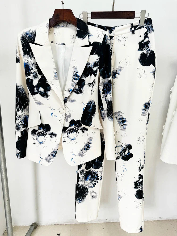 Modern Fusion Designer Women Suit Jacket Pencil Pants Set 2Pcs