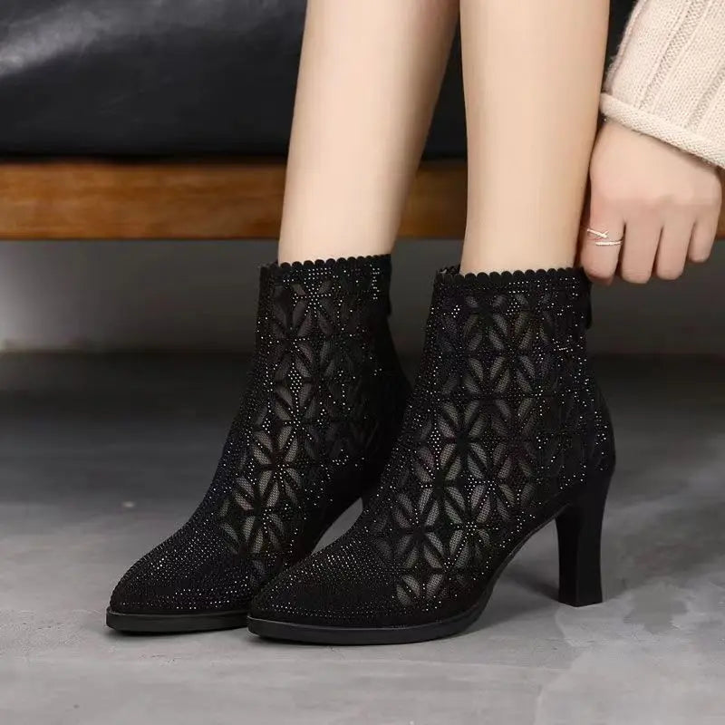 New Rubber Soled Women Dance Boots 6 Cm High Heel Black Shoes Breathable Pointed Mesh Top