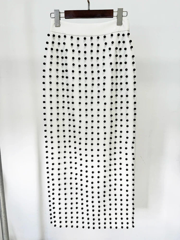 New Fusion Suit Set Womens Pearls Beaded Tops Long Skirt Set 2Pcs