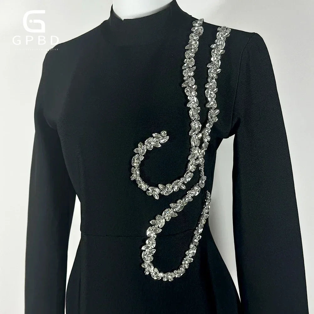 New Arrival Black and Slim Beaded Long Sleeve Bandage Dress Long Dress Maxi Dresses for Women