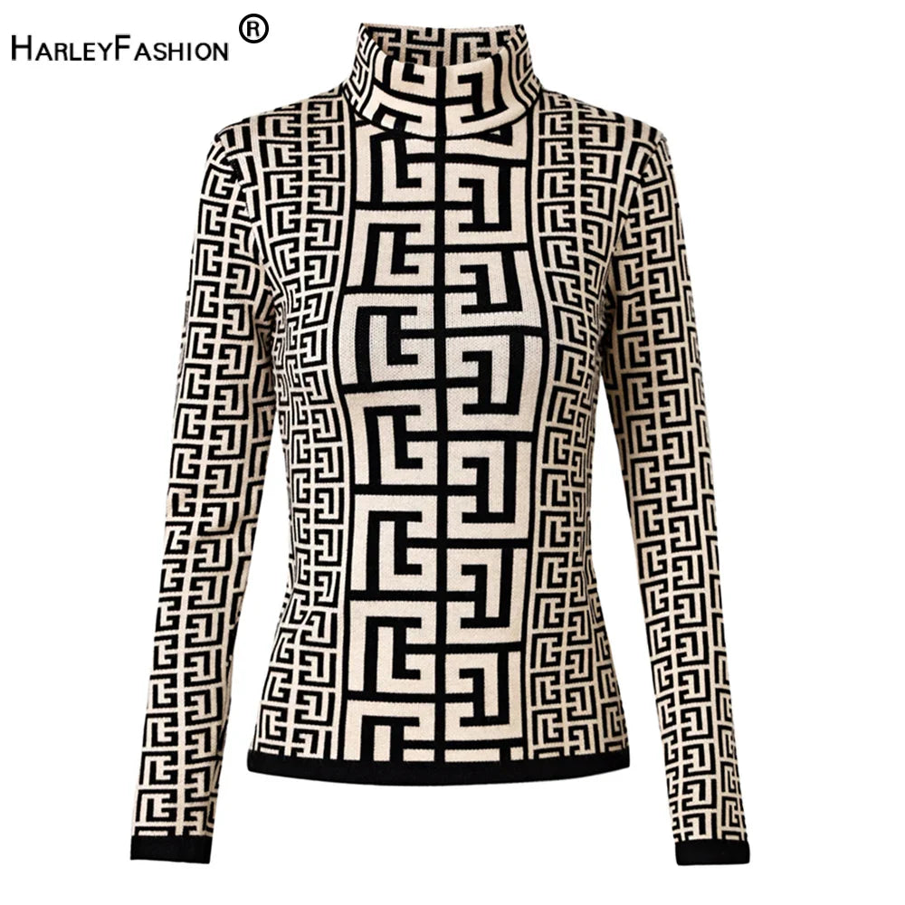 Modern Women Autumn Winter Premium Quality High Neck Black White Knitting Pullovers Sweater