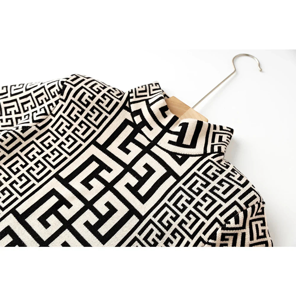 Modern Women Autumn Winter Premium Quality High Neck Black White Knitting Pullovers Sweater