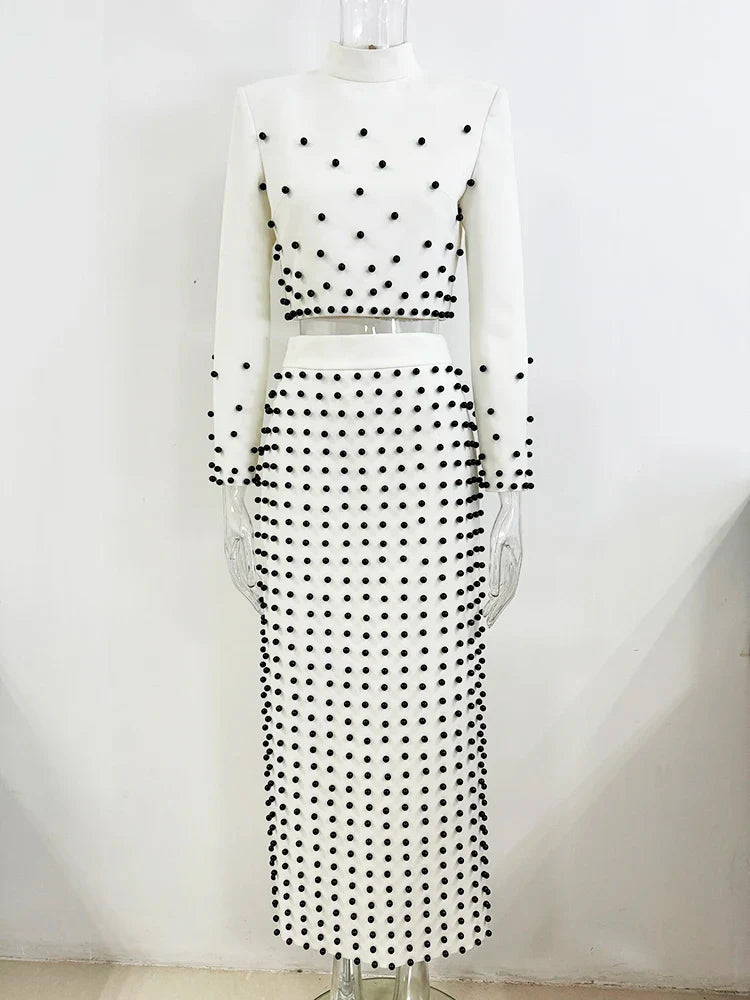 New Fusion Suit Set Womens Pearls Beaded Tops Long Skirt Set 2Pcs