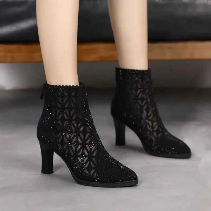 New Rubber Soled Women Dance Boots 6 Cm High Heel Black Shoes Breathable Pointed Mesh Top