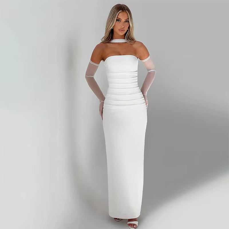 Women Party Club One Piece Wine Red Evening Dress 90S Vintage Sleeveless off Shoulder Long Dress