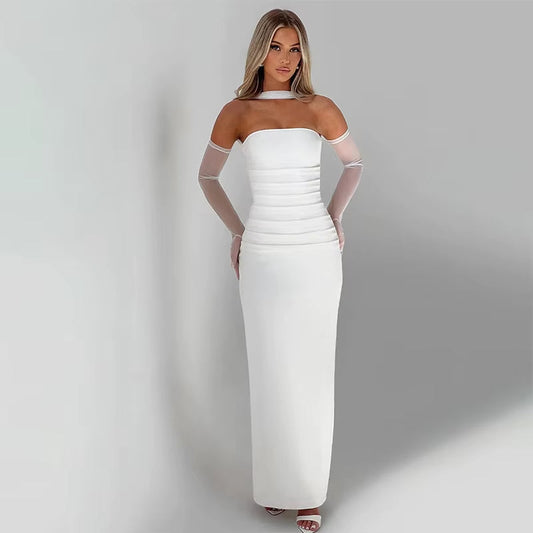 Women Party Club One Piece Wine Red Evening Dress 90S Vintage Sleeveless off Shoulder Long Dress